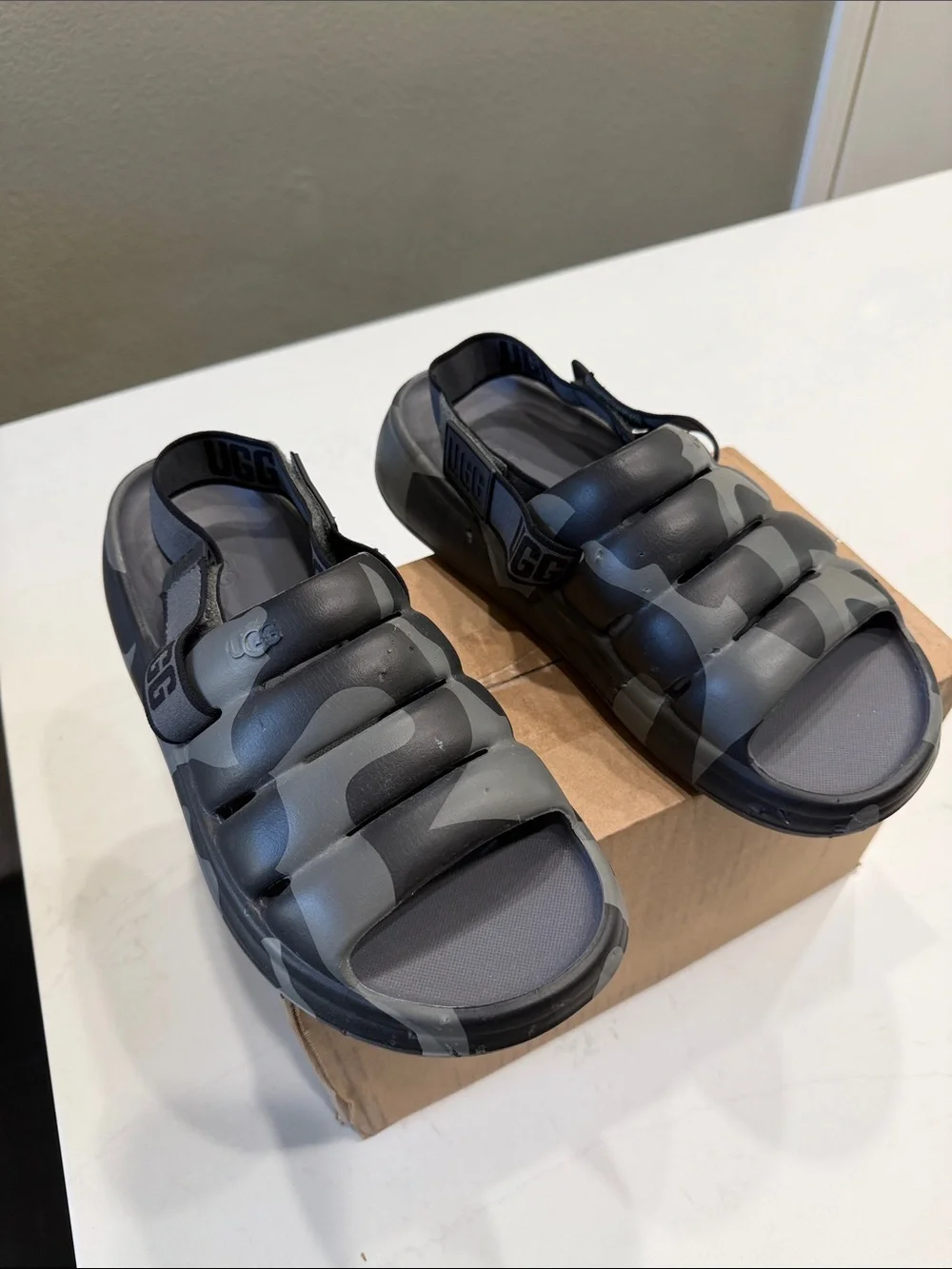 UGG men’s Gray and Black Camouflage Slide Sandals